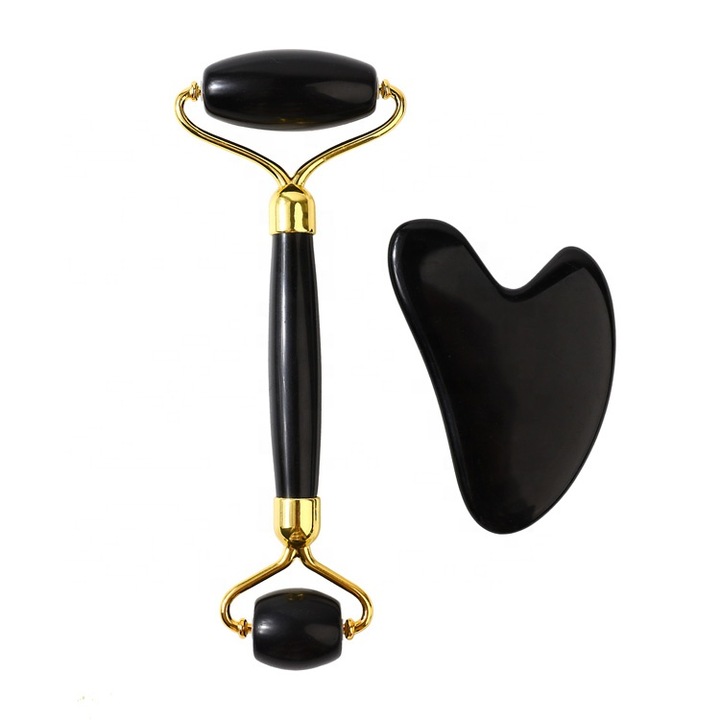 Rola de Jad Black Obsidian cu Gua Sha, pentru masaj facial si corporal