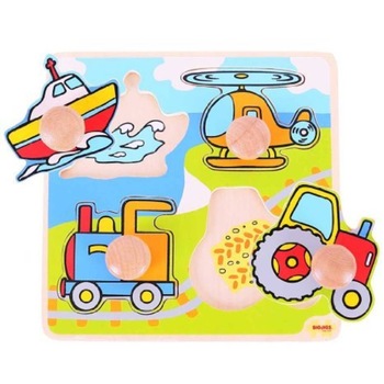 Puzzle din lemn BigJigs - 4 mijloace de transport, 4 piese Puzzle din lemn BigJigs - 4 mijloace de transport, 4 piese