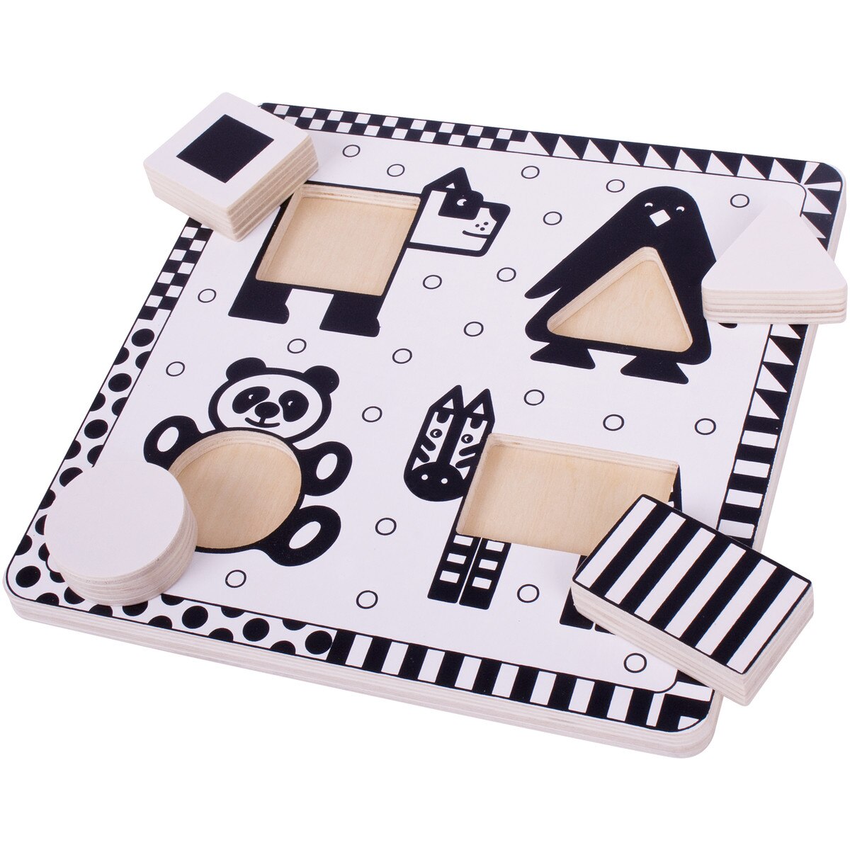 Puzzle alb-negru din lemn BigJigs, Animale si forme