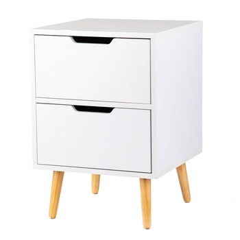 Noptiera design modern cu 2 sertare pentru depozitare, realizata din lemn de pin si PAL, 58 x 40 x 40 cm Noptiera design modern cu 2 sertare pentru depozitare, realizata din lemn de pin si PAL, 58 x 40 x 40 cm
