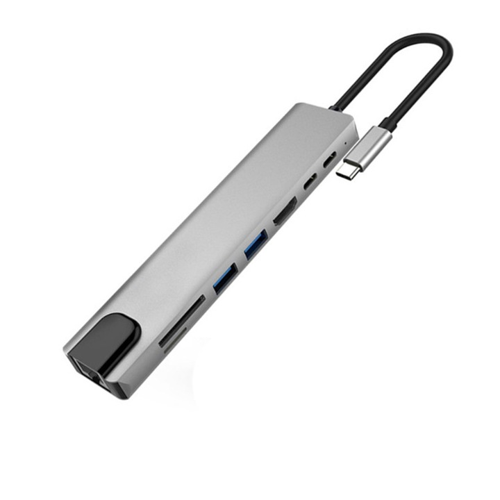Хъб Vaxiuja, Тип-C, Адаптери 8 в 1, Ethernet, Plug & Play, Сребрист