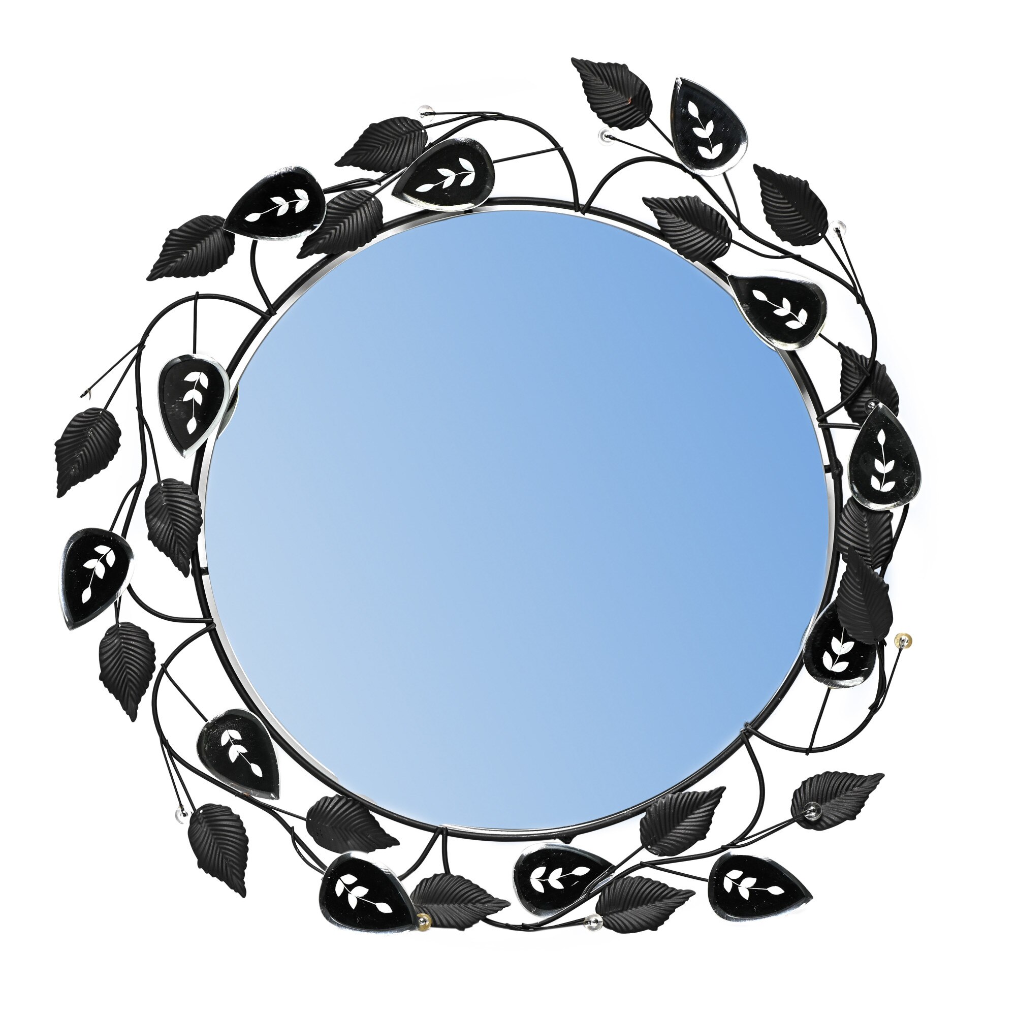 Oglinda decorativa 'Black Leaves', 48 cm, rama confectionata manual din metal si insertii de sticla