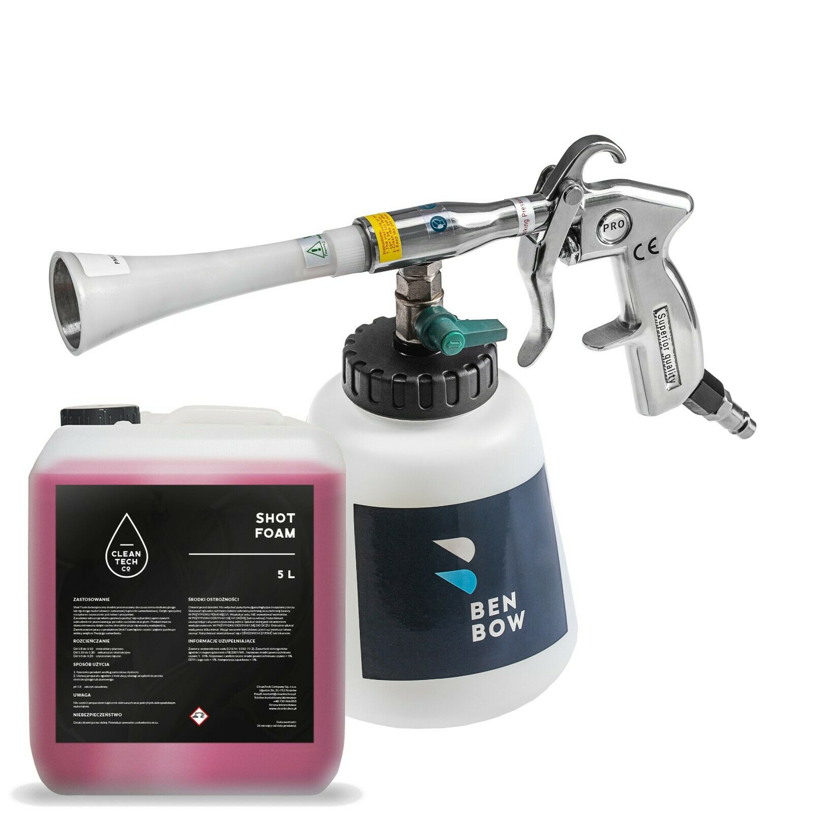 Set Pistol de curatare Benbow 004 cu aer comprimat cu varf de metal + Solutie CleanTech Shot Foam 5 L, BenBow, Maner metal