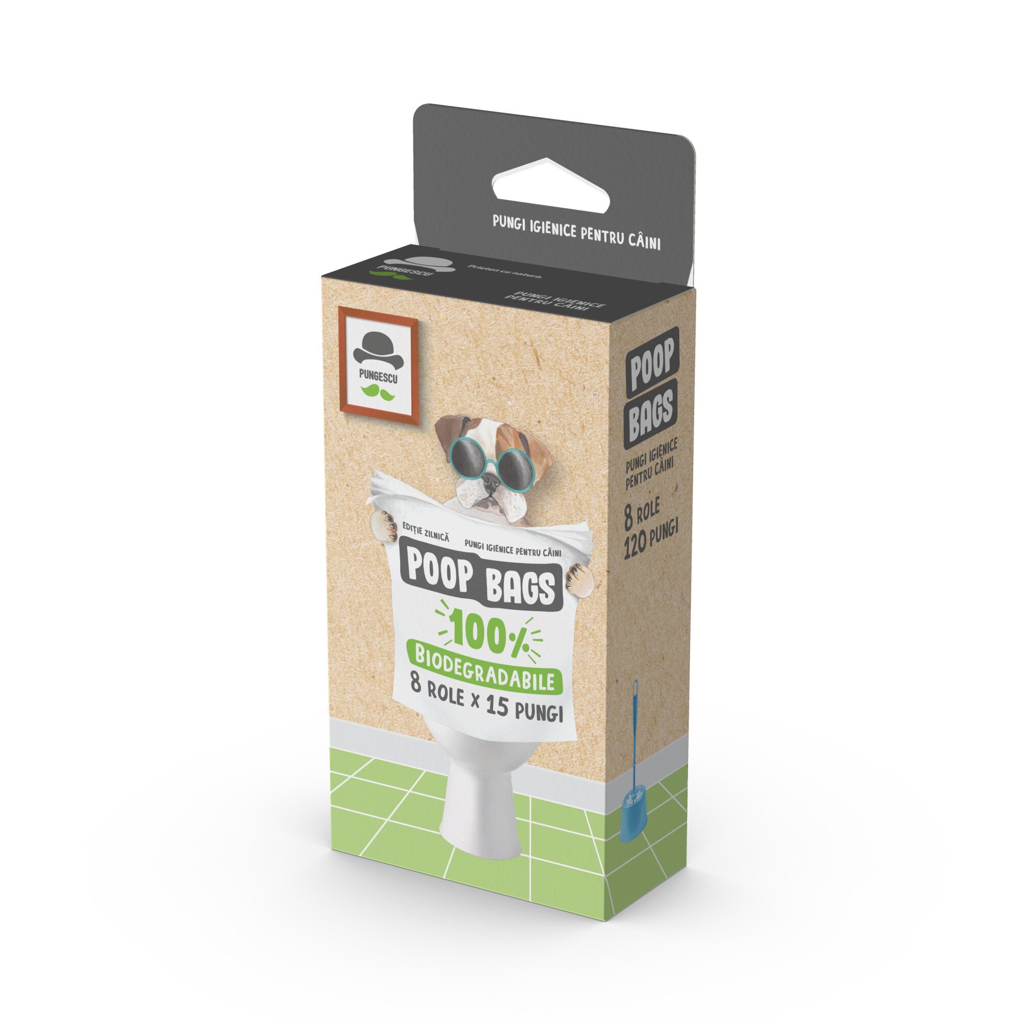 Pungi igienice pentru catei, 100% biodegradabile, set 8 role x 15 bucati