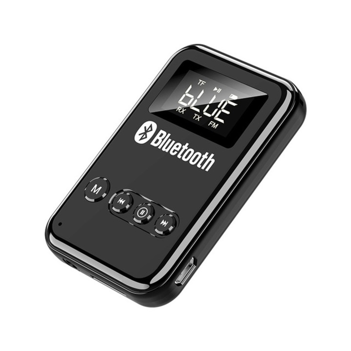 Transmitator si Receptor Audio,4 in 1,Bluetooth 5.0,Modulator FM,cu microfon,port audio 3.5mm,slot TF Card pentru iPhone iPad Samsung HTC,negru
