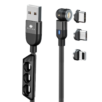 Cablu USB Magnetic pentru incarcare si transfer de date Bivier 3in1, Fast Charge 3A, USB-C, Lighting, Micro-USB, 2m, Negru
