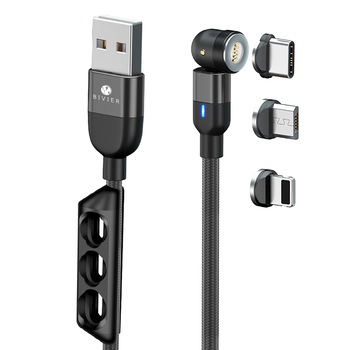 Cablu USB Magnetic pentru incarcare si transfer de date Bivier 3in1, Fast Charge 3A, USB-C, Lighting, Micro-USB, 2m, Negru Cablu USB Magnetic pentru incarcare si transfer de date Bivier 3in1, Fast Charge 3A, USB-C, Lighting, Micro-USB, 2m, Negru