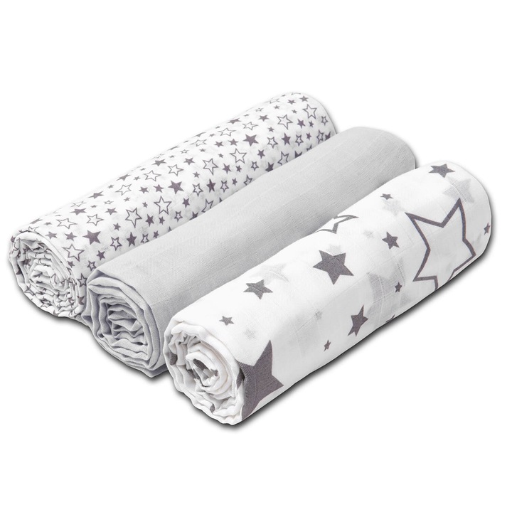 Set 3 paturici muselina soft 78x78 cm Kidizi® All Grey, 100% bumbac