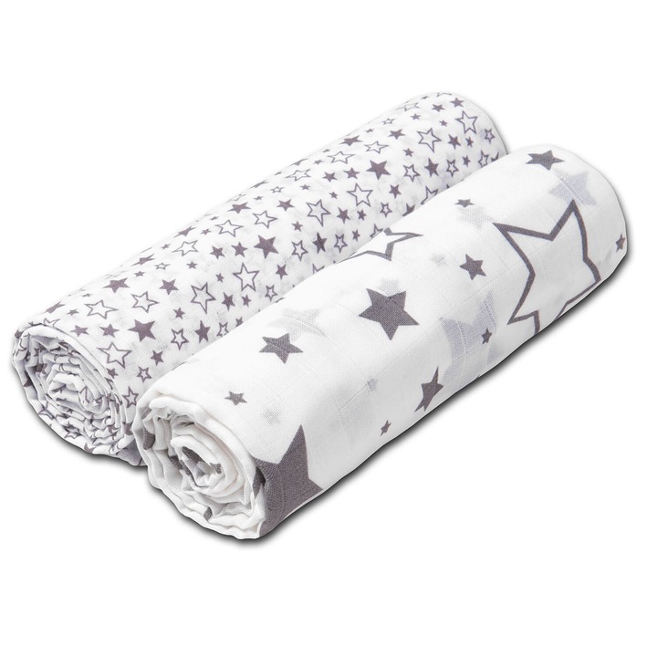 Set 2 paturici muselina 120x120 cm Kidizi® Galaxy Grey, 100% bumbac