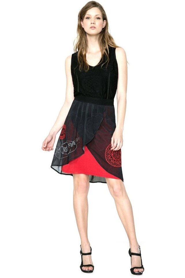 Fusta Desigual 34, negru cu rosu