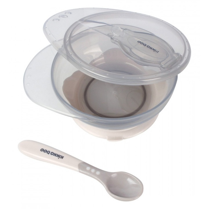 Set castron cu ventuza si lingurita KikkaBoo Beige, capacitate 250ml, fara bpa, compartiment pentru lingurita