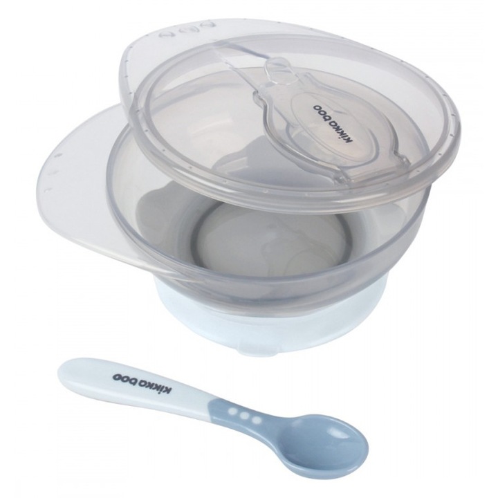 Set castron cu ventuza si lingurita KikkaBoo Blue, capacitate 250ml, fara bpa, compartiment pentru lingurita