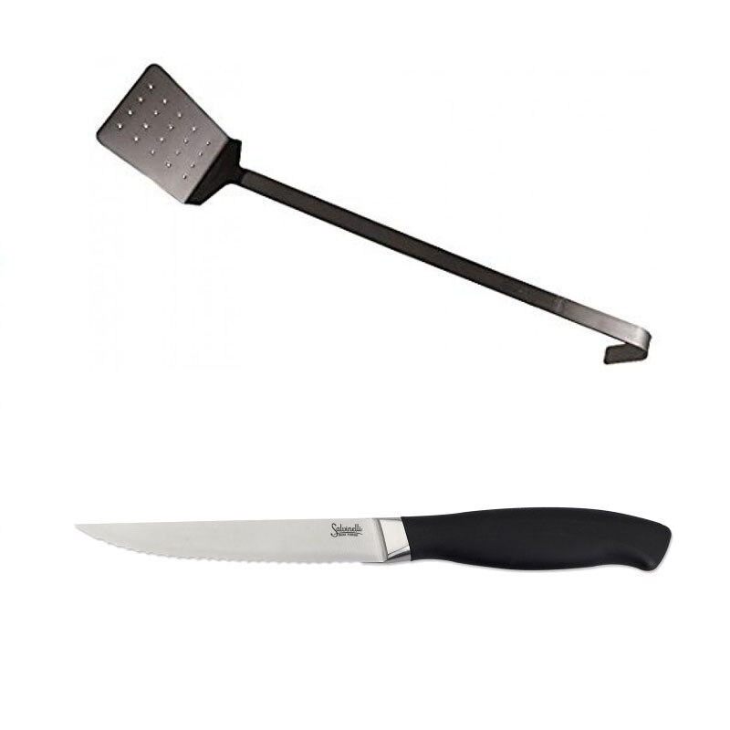 Pachet spatula Salvinelli, 52 cm, Perforata, Grea, Inox + Cutit zimtat pentru friptura, Salvinelli/Deluxe, 118 mm