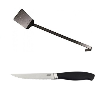 Pachet spatula Salvinelli, 52 cm, Perforata, Grea, Inox + Cutit zimtat pentru friptura, Salvinelli/Deluxe, 118 mm Pachet spatula Salvinelli, 52 cm, Perforata, Grea, Inox + Cutit zimtat pentru friptura, Salvinelli/Deluxe, 118 mm