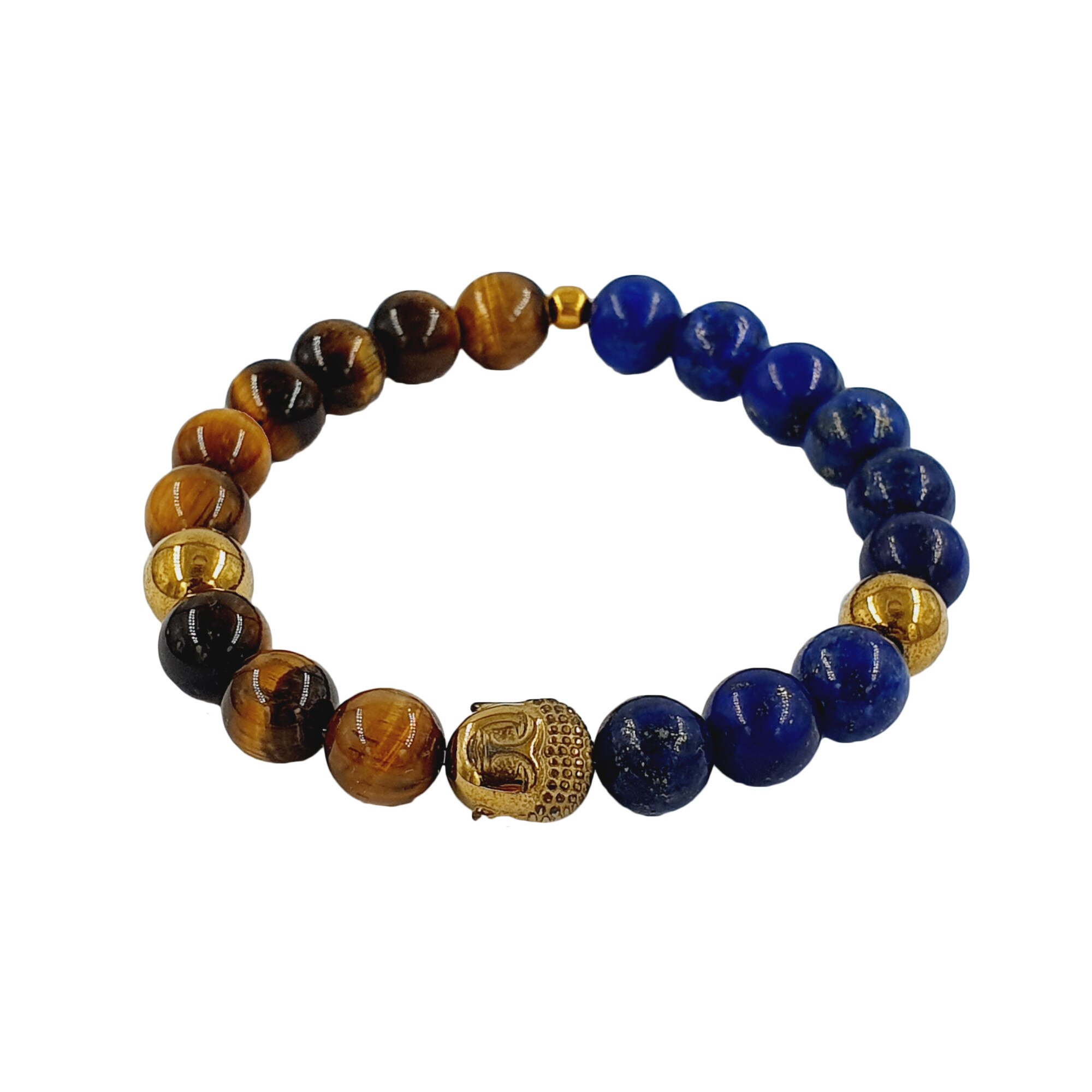 Bratara handmade din ochi de tigru, hematit si lapis lazuli, 9 mm, Maro/Albastru