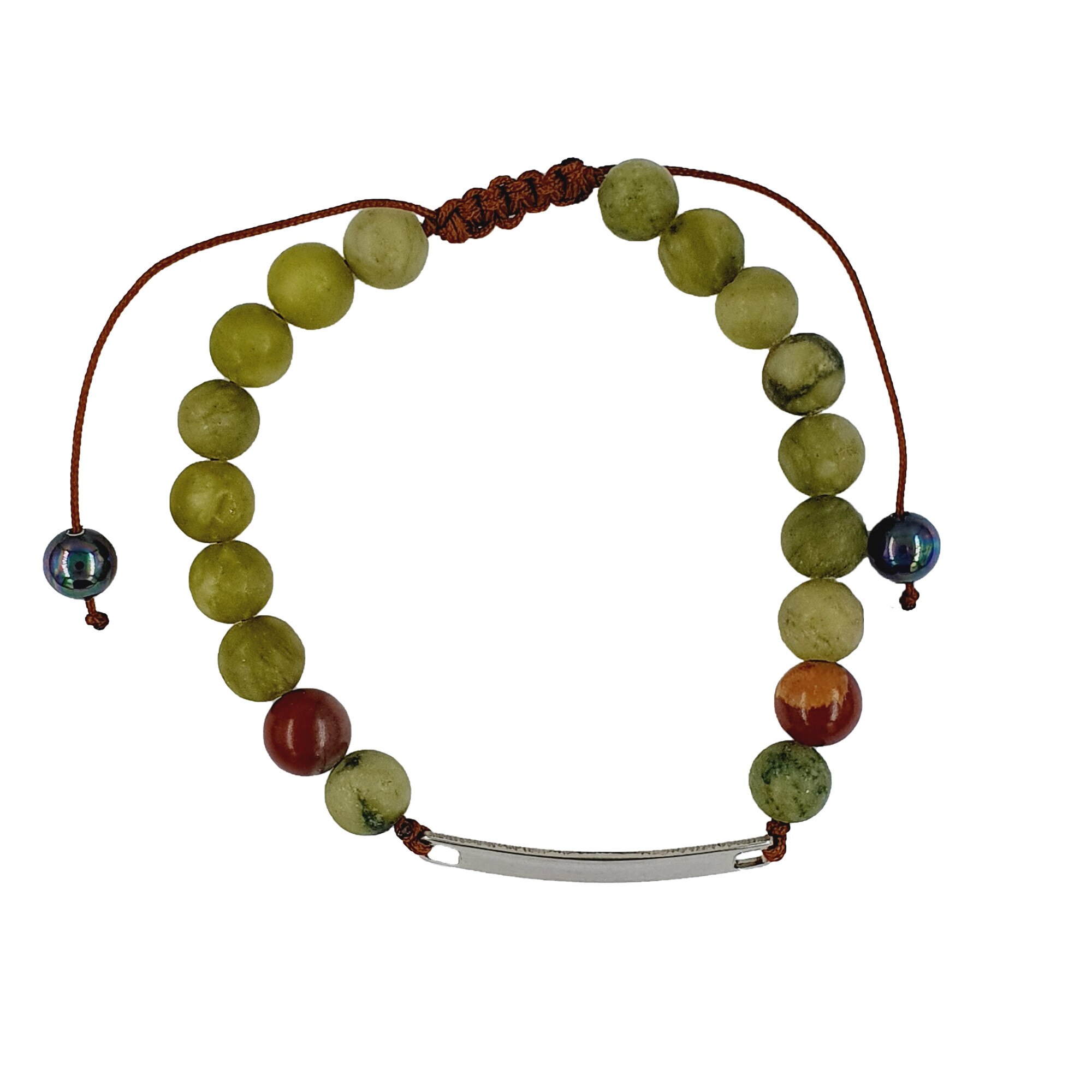 Bratara handmade din jasp, jadeit si perna curcubeu, Pandantiv din otel, 9 mm, Maro/Verde
