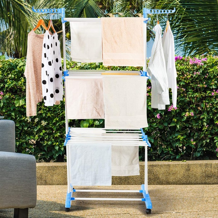 Sonora függőleges ruhaszárító, összecsukható, kerékkel, vállfatartóval, 30 kg-ig, 3 szint, 173 cm magasság