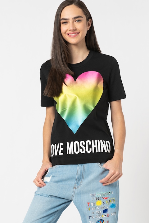Love Moschino, Тениска с щампа и лого, Бял/Лайм зелено/Черен