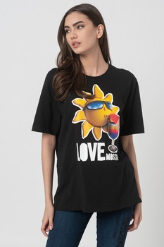 Love Moschino, Tricou lejer cu imprimeu, Negru/Ocru Love Moschino, Tricou lejer cu imprimeu, Negru/Ocru