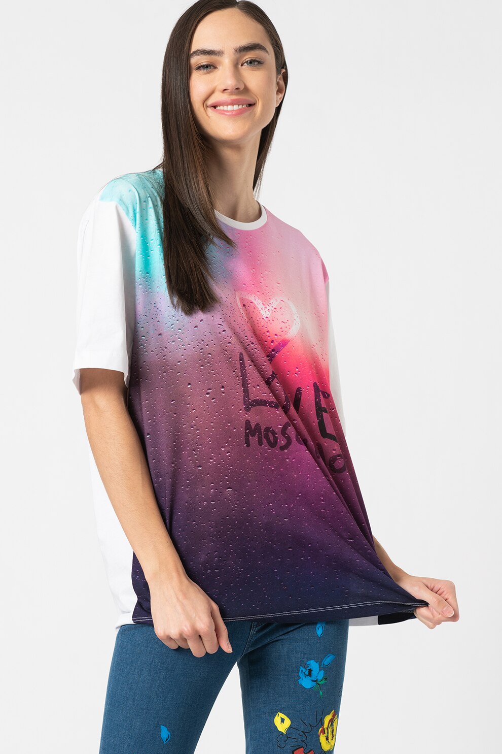 Love Moschino, Tricou lejer cu model logo si grafic, Alb/Violet/Roz, M