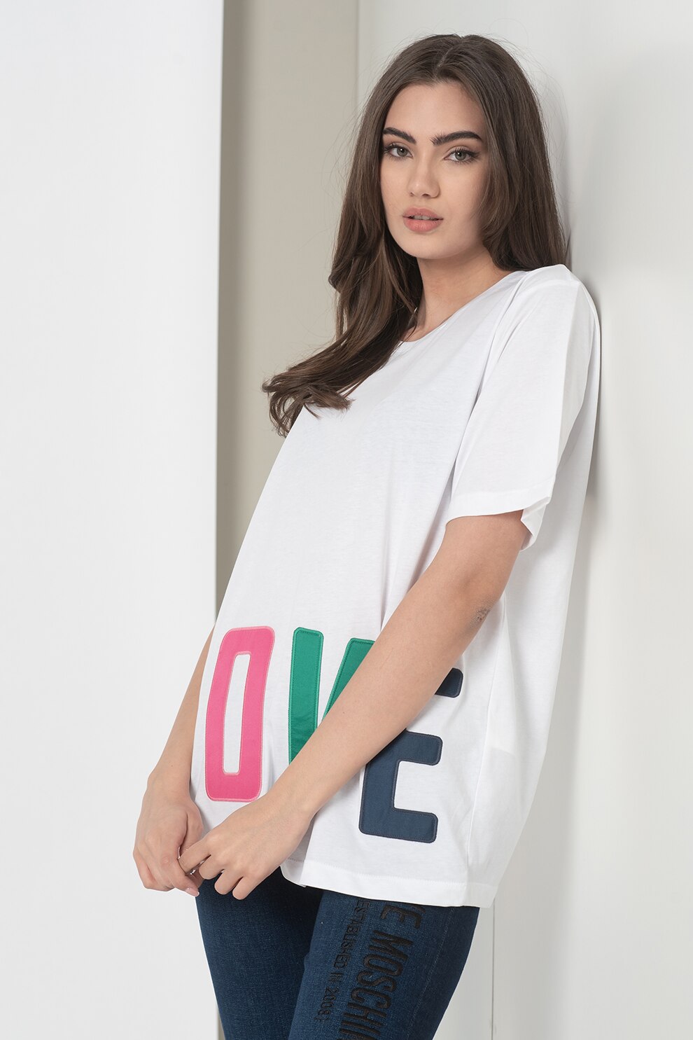 Love Moschino, Tricou lejer cu imprimeu text, Alb/Roz/Verde
