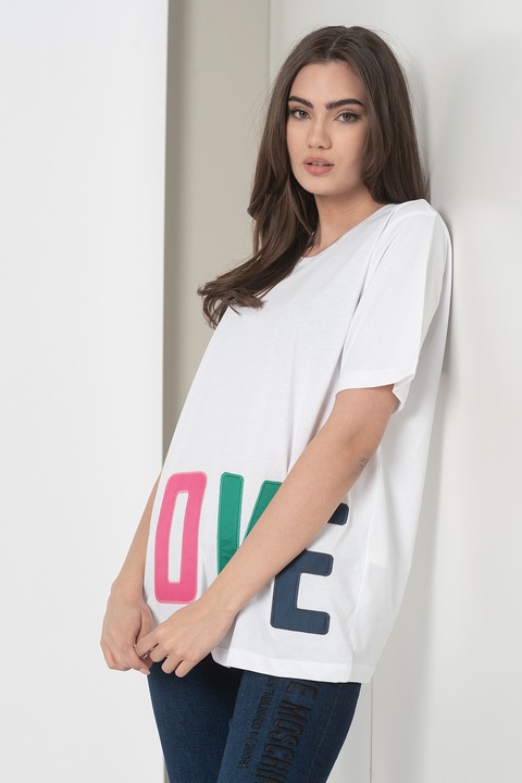 Love Moschino, Тениска със свободна кройка и надпис, Бял/Зелен/Розов