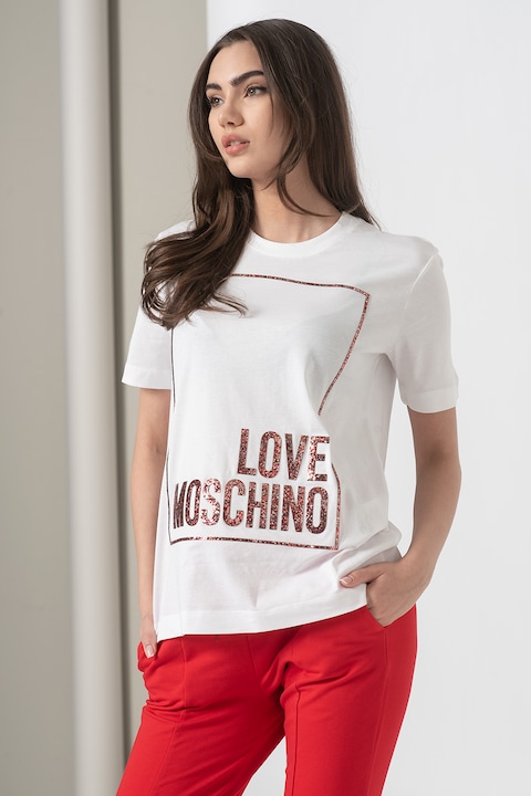 Love Moschino, Tениска с овално деколте и бляскава щампа, Бял/Бордо/Сребрист
