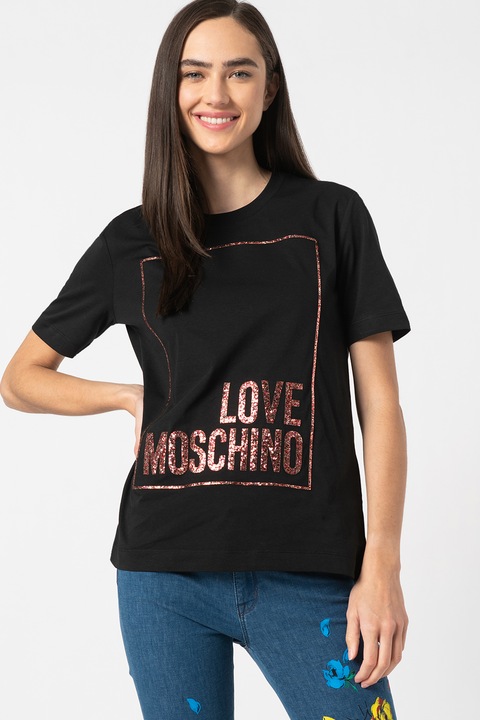 Love Moschino, Tениска с овално деколте и бляскава щампа, Червен/Сребрист/Черен