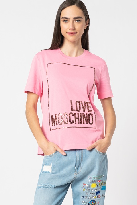 Love Moschino, Tениска с овално деколте и бляскава щампа, Розов / червен / сребрист, 46