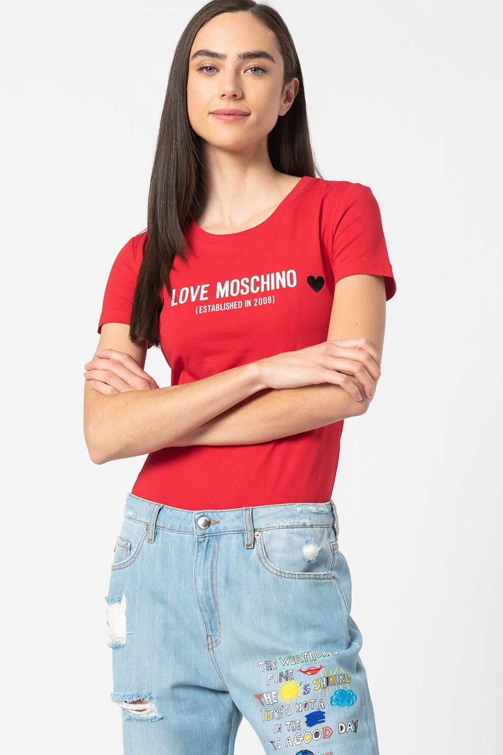 Love Moschino, Tricou cu decolteu la baza gatului si imprimeu logo, Rosu/Alb