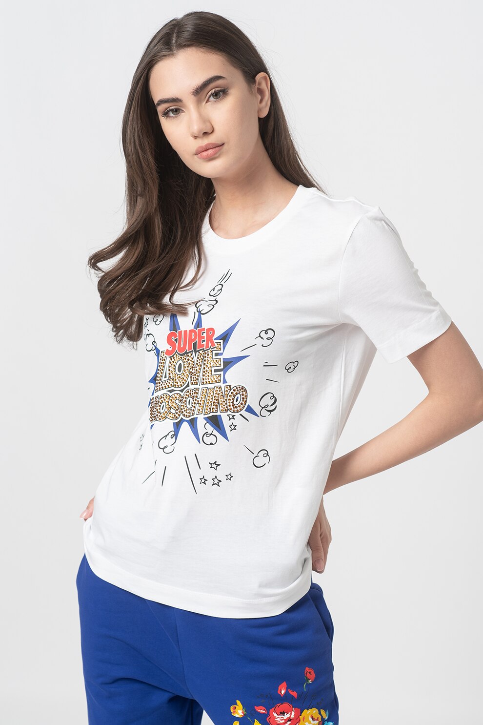 Love Moschino, Tricou cu imprimeu grafic si strasuri, Alb/Albastru/Rosu