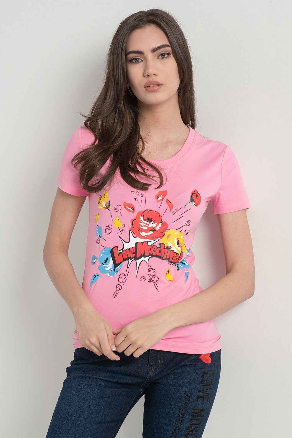 Love Moschino, Tricou cu imprimeu frontal, Roz