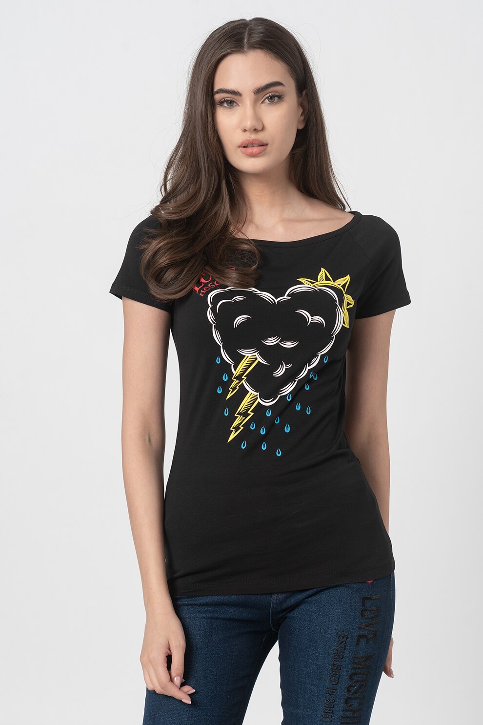 Love Moschino, Tricou elastic cu decolteu barcuta, Negru/Alb/Rosu