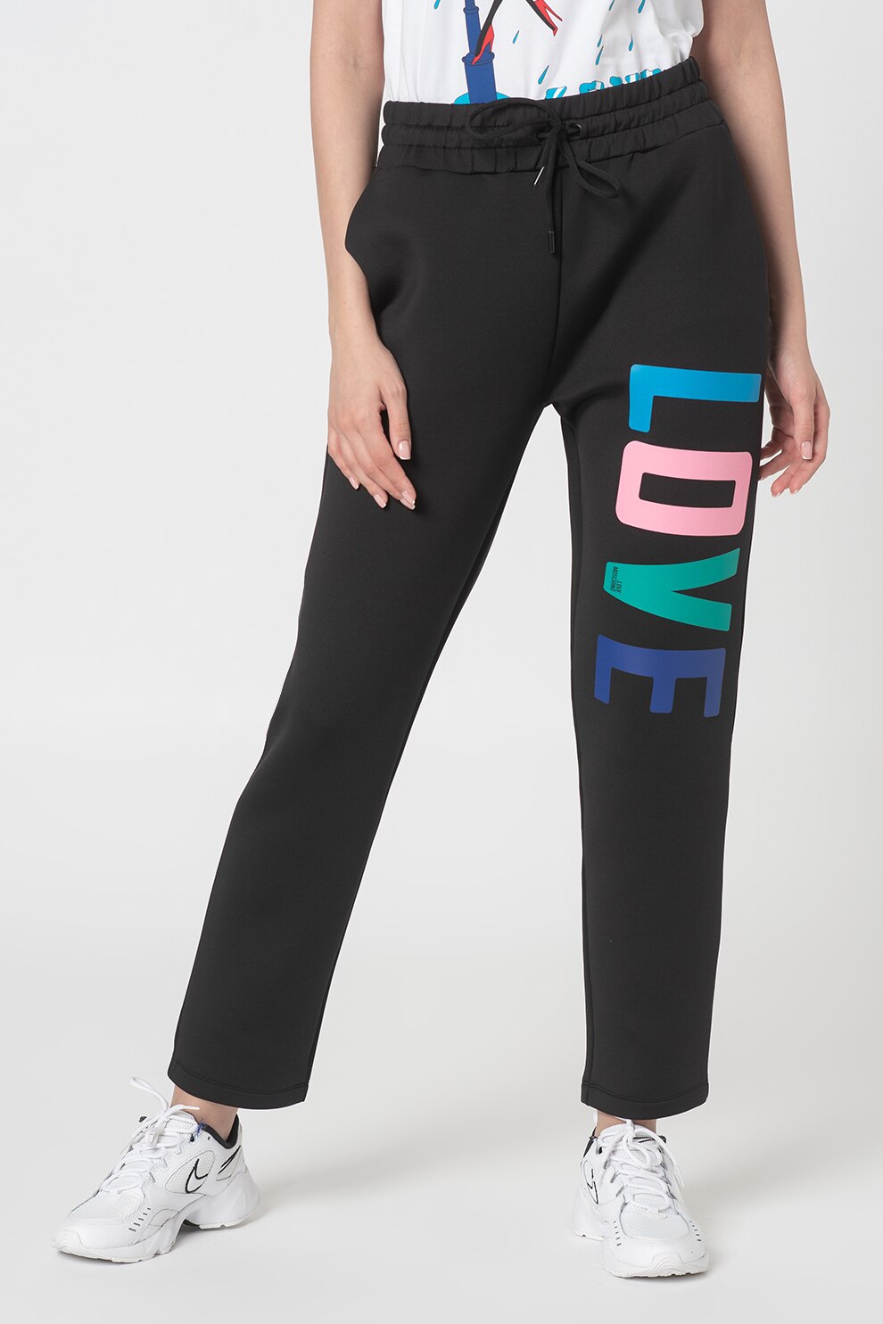 Love Moschino, Pantaloni sport cu imprimeu logo, Negru/Roz/Verde