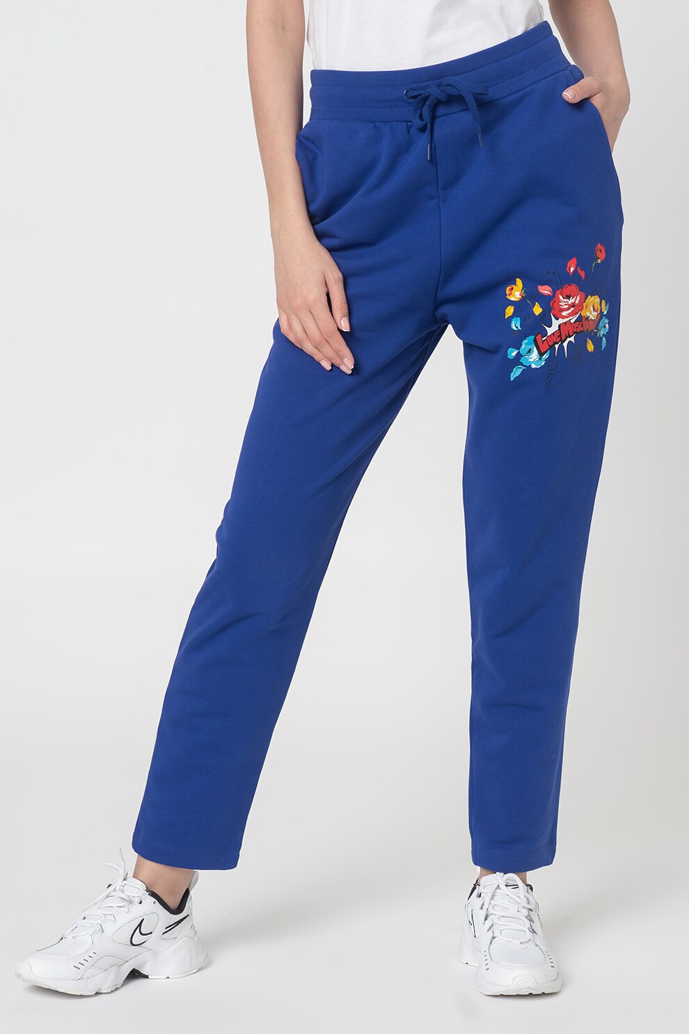 Love Moschino, Pantaloni sport cu imprimeu logo si grafic, Albastru indigo/Rosu, L