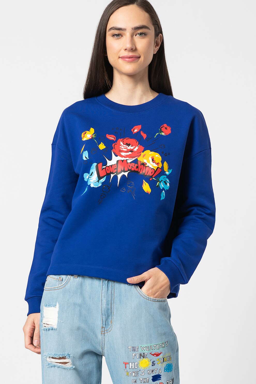 Love Moschino, Bluza sport cu maneci cazute, Indigo, rosu, albastru aqua, M