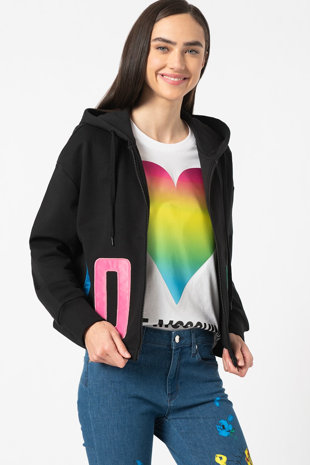 Love Moschino, Hanorac cu fermoar si aplicatie text, Negru/Albastru/Roz