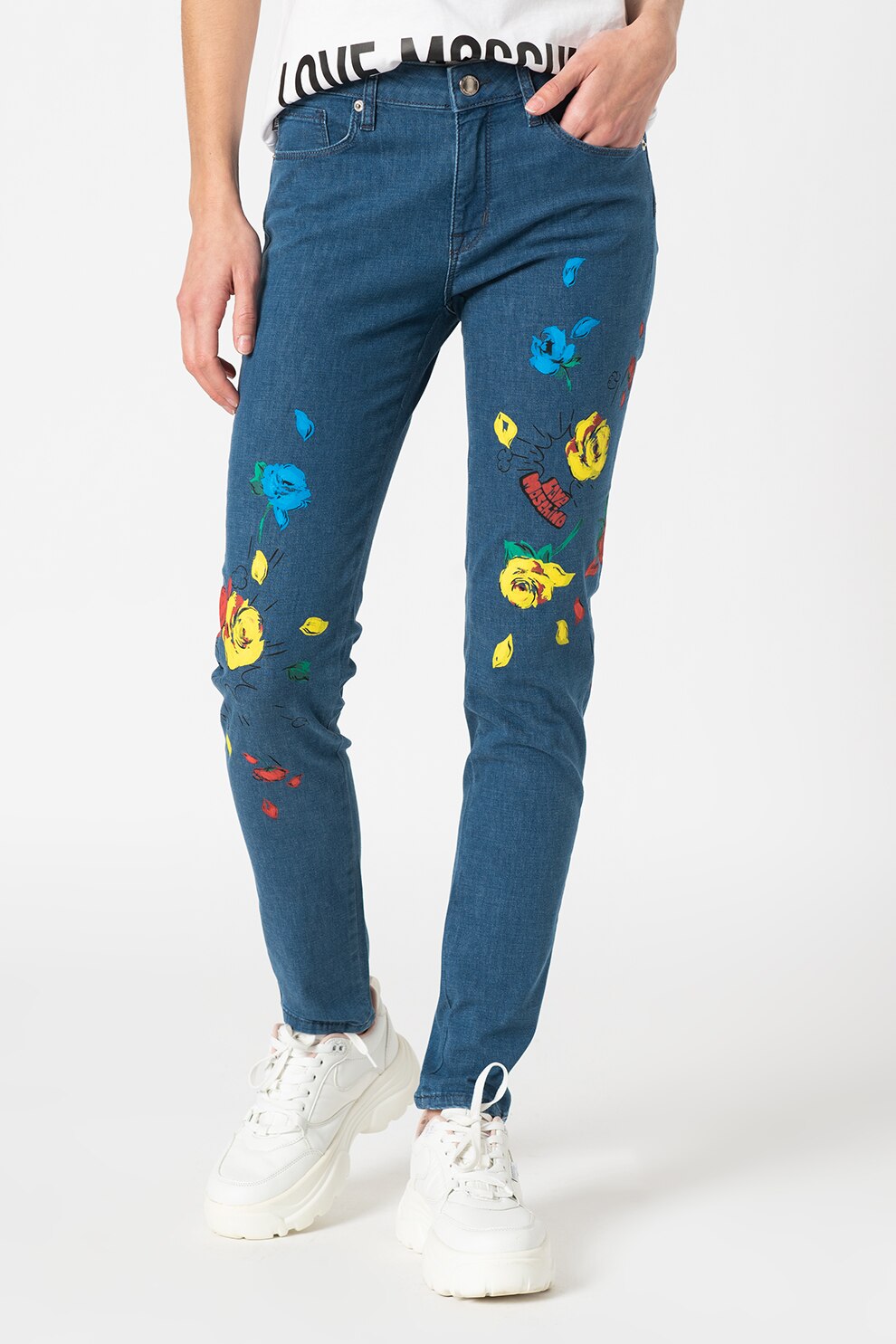 Love Moschino, Blugi skinny cu talie joasa si imprimeu floral, Albastru inchis, galben pai, rosu