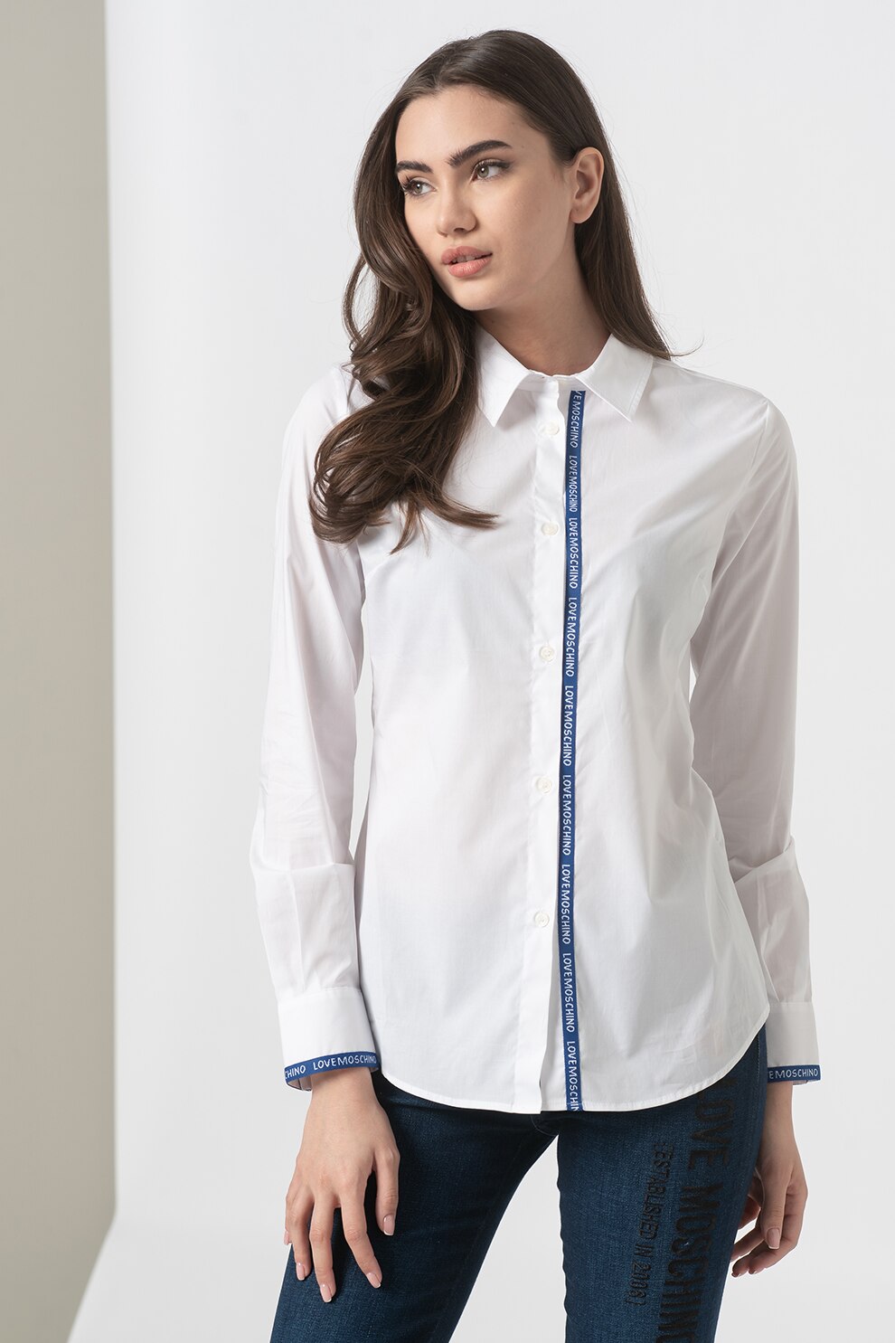 Love Moschino, Camasa cu banda logo contrastanta, Alb, XS