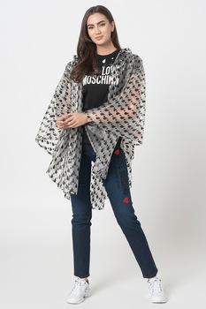 Love Moschino, Pelerina de ploaie cu imprimeu grafic, Gri/negru, XS Love Moschino, Pelerina de ploaie cu imprimeu grafic, Gri/negru, XS