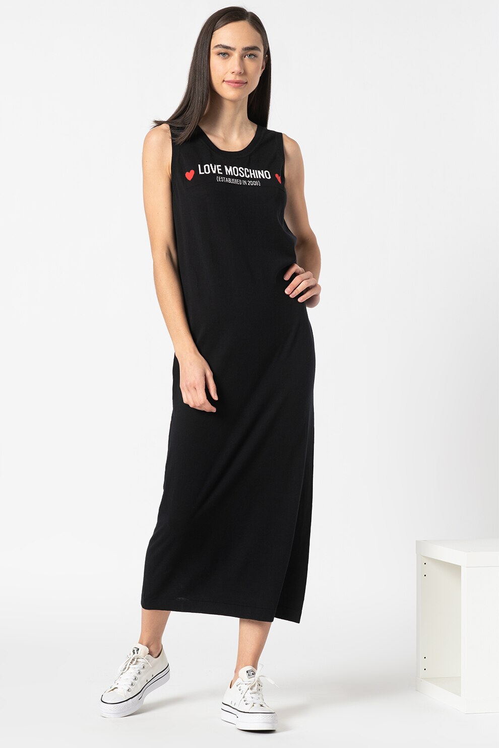 Love Moschino, Rochie maxi din jerseu, cu imprimeu logo, Negru/Alb/Rosu, M
