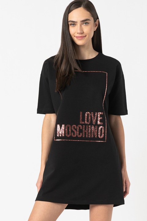 Love Moschino, Рокля тип тениска с бляскаво лого, Червен/Сребрист/Черен, S