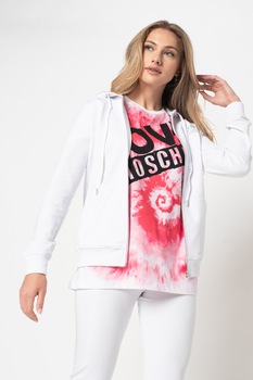 Love Moschino, Set de pantaloni sport si hanorac din amestec de bumbac, cu fermoar, Alb Love Moschino, Set de pantaloni sport si hanorac din amestec de bumbac, cu fermoar, Alb