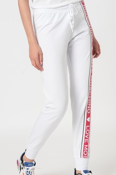 Love Moschino, Pantaloni sport cu banda logo, Alb/Rosu Love Moschino, Pantaloni sport cu banda logo, Alb/Rosu