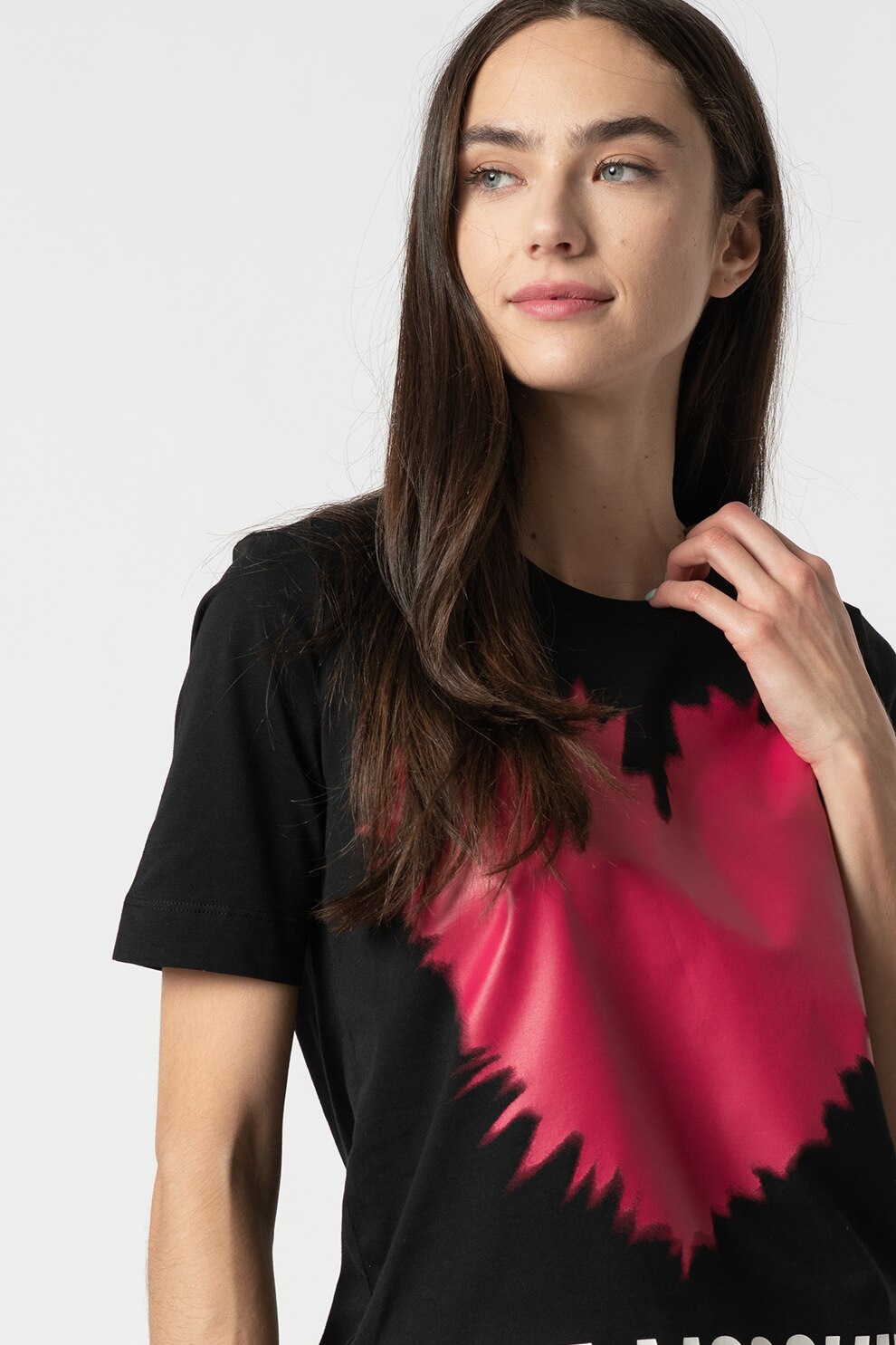 Love Moschino, Tricou din jerseu cu decolteu la baza gatului si imprimeu logo, Negru/Roz