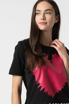 Love Moschino, Tricou din jerseu cu decolteu la baza gatului si imprimeu logo, Negru/Roz Love Moschino, Tricou din jerseu cu decolteu la baza gatului si imprimeu logo, Negru/Roz