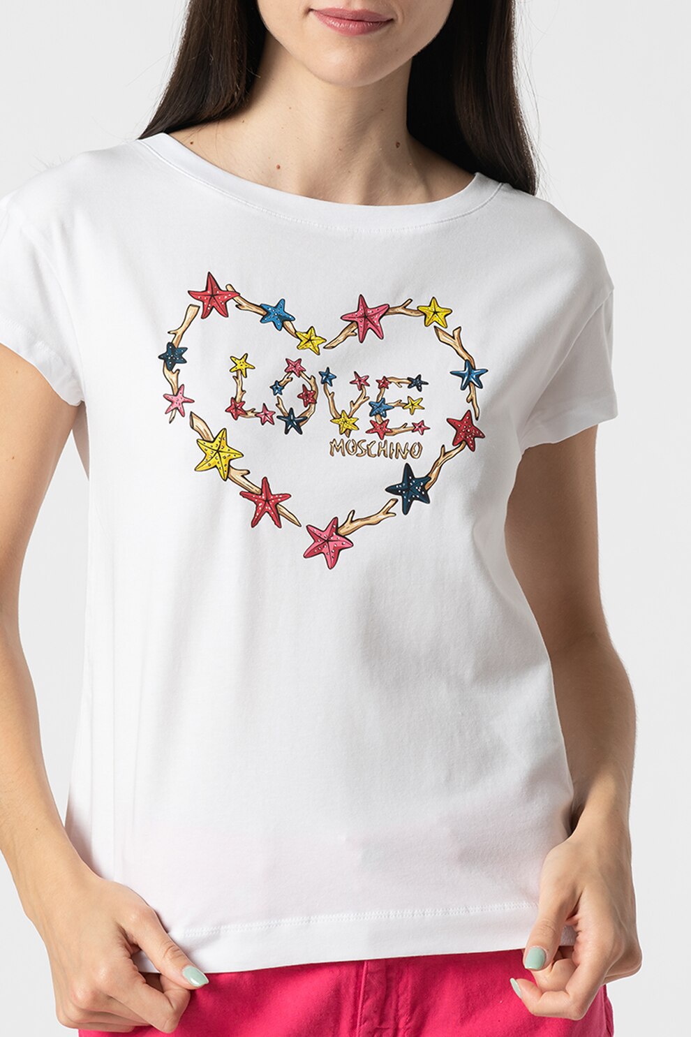 Love Moschino, Tricou cu decolteu la baza gatului si imprimeu logo, Alb