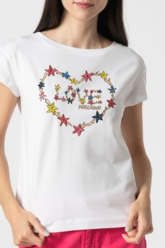 Love Moschino, Tricou cu decolteu la baza gatului si imprimeu logo, Alb Love Moschino, Tricou cu decolteu la baza gatului si imprimeu logo, Alb