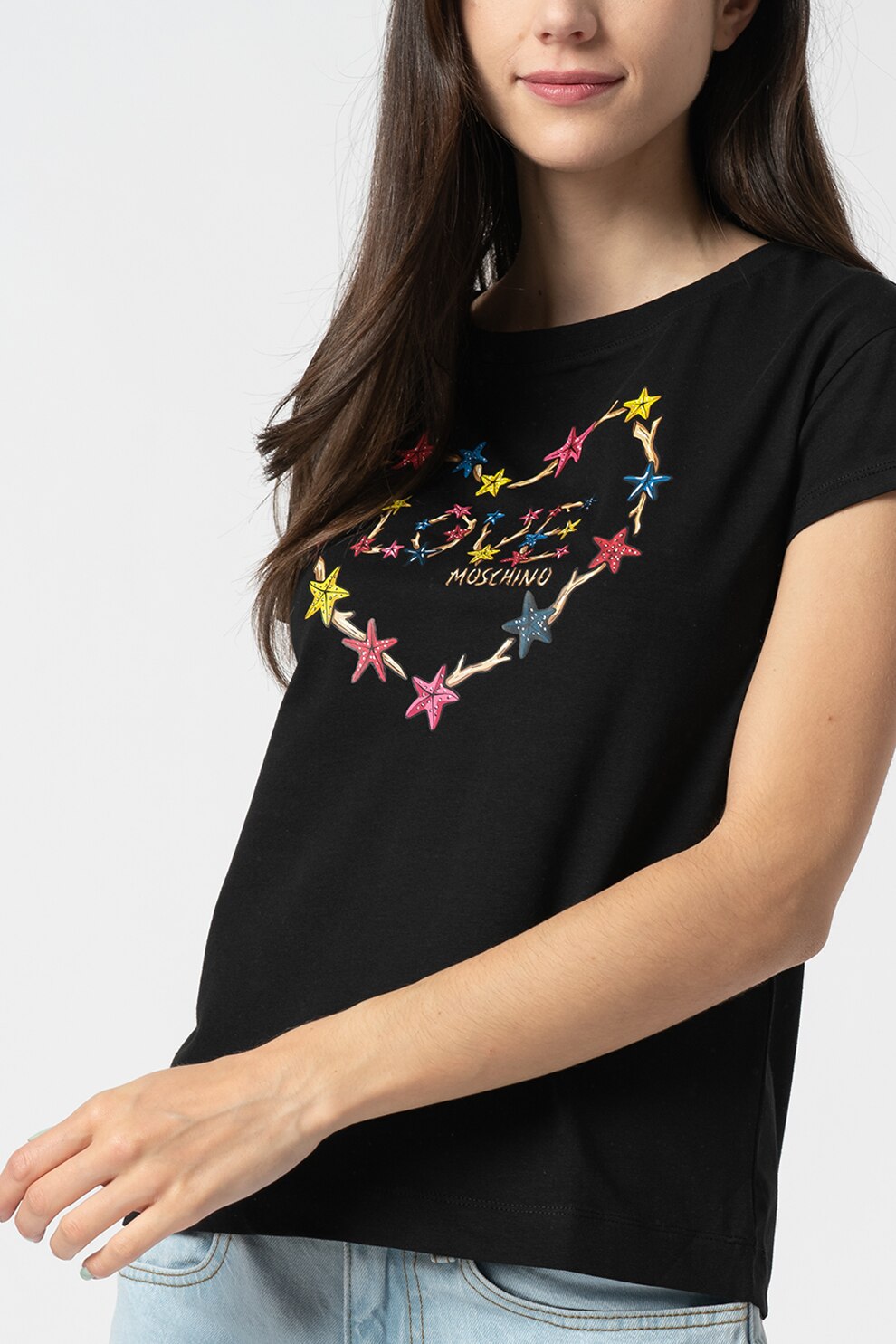 Love Moschino, Tricou cu decolteu la baza gatului si imprimeu logo, Negru