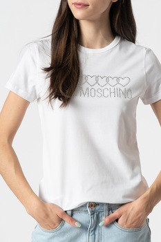 Love Moschino, Tricou cu decolteu la baza gatului si logo cu strasuri, Alb/Argintiu Love Moschino, Tricou cu decolteu la baza gatului si logo cu strasuri, Alb/Argintiu